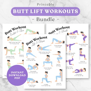 Op de afbeelding: Een printbaar workoutpakket met drie witte vellen met illustraties van oefenroutines. De tekst bevat "Butt Lift Workouts - Bundle", "Butt Workout Sculpt & Tone", "Butt Workout Lift & Shape", "Butt Workout Burn & Build" en "Instant Download PDF".