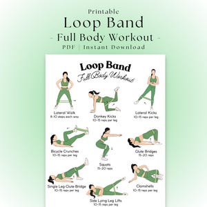 Puede incluir: Una guía de entrenamiento imprimible titulada Loop Band Full Body Workout que muestra ilustraciones de ejercicios como caminatas laterales, patadas de burro, patadas laterales, abdominales de bicicleta, sentadillas y puentes de glúteos.