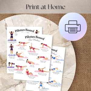 May include: A set of white paper sheets titled Pilates Board Core Workout featuring illustrated exercise instructions with figures in pink and blue athletic wear performing movements like tricep extensions, bird dogs, and bicycle crunches.