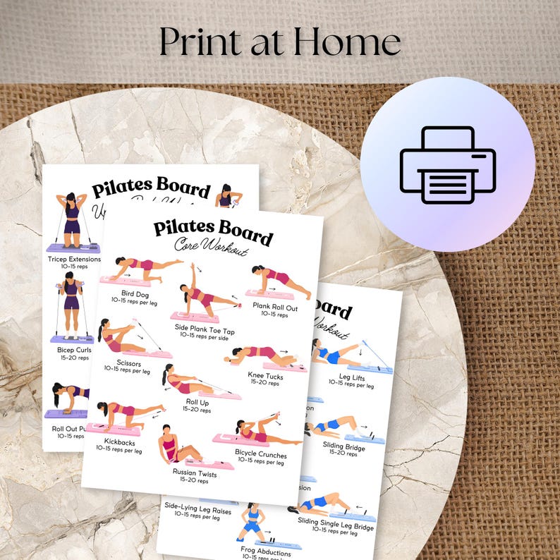 May include: A set of white paper sheets titled Pilates Board Core Workout featuring illustrated exercise instructions with figures in pink and blue athletic wear performing movements like tricep extensions, bird dogs, and bicycle crunches.
