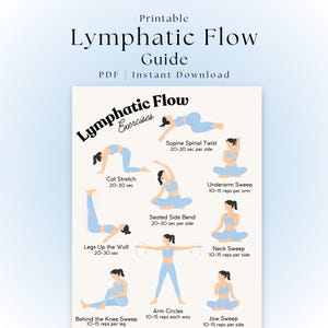 May include: Printable Lymphatic Flow Guide featuring illustrations of exercises. The guide includes instructions for exercises such as Cat Stretch, Supine Spinal Twist, and Arm Circles. PDF instant download.