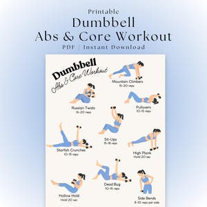 Póster de ejercicios para abdominales y core con mancuernas / Ejercicios imprimibles para un vientre plano / Entrenamiento de core / Ejercicios abdominales / Entrenamiento con mancuernas / Descarga digital