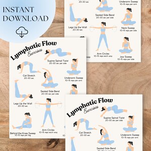 May include: A set of printable exercise guides for lymphatic flow exercises. The guides feature illustrations of various exercises, including Cat Stretch, Arm Circles, and Supine Spinal Twist. The text "Instant Download" is at the top.