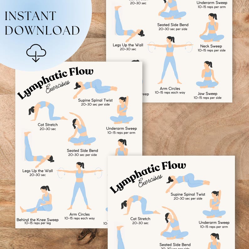 May include: A set of printable exercise guides for lymphatic flow exercises. The guides feature illustrations of various exercises, including Cat Stretch, Arm Circles, and Supine Spinal Twist. The text "Instant Download" is at the top.
