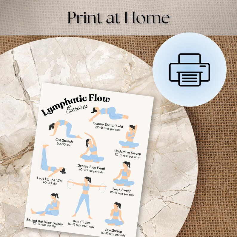 May include: A print featuring illustrations of lymphatic flow exercises, including Cat Stretch, Supine Spinal Twist, and Arm Circles. The text "Print at Home" is at the top. The exercises are displayed on a white background.