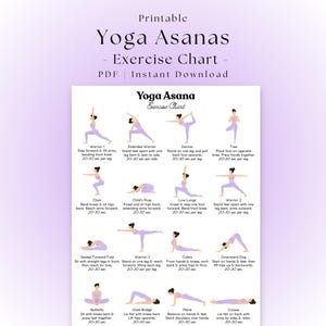 Peut inclure: Un tableau d'exercices de yoga asanas imprimable présentant des illustrations de diverses postures en tenue violet clair. Le texte inclut des titres comme Warrior 1, Dancer, Tree, Chair, Child's Pose, Low Lunge, Warrior 2, Seated Forward Fold, Warrior 3, Cobra, Downward Dog, Butterfly, Glute Bridge, Plank et Corpse.