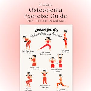 Puede incluir: Una guía de ejercicios imprimible para la osteopenia con ilustraciones de ejercicios con pesas. La guía incluye ejercicios como remo inclinado, zancadas laterales, elevaciones de pantorrillas, curl de bíceps, press de hombros, remo vertical, sentadillas y zancadas. El texto dice "PDF | Descarga instantánea."