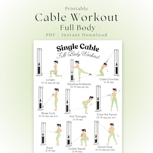 Puede incluir: Guía imprimible de entrenamiento de cuerpo completo con cable. Incluye ilustraciones de ejercicios como zancadas, flexiones de bíceps y sentadillas con copa. La guía está disponible en PDF y es de descarga instantánea.
