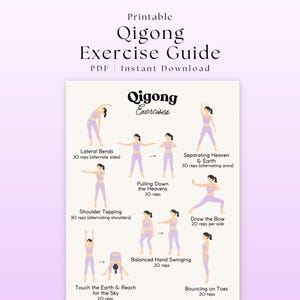 Può includere: Guida agli esercizi di Qigong stampabile. La guida presenta illustrazioni di vari esercizi di Qigong, tra cui piegamenti laterali, picchiettare le spalle e Separare Cielo e Terra. Gli esercizi sono dimostrati da figure in abiti color lavanda.