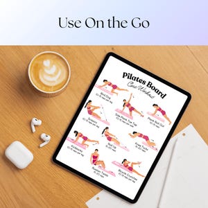 May include: A tablet displaying a Pilates Board Core Workout guide with illustrations of exercises including Bird Dog, Scissors, Side Plank Toe Tap, Plank Roll Out, Kickbacks, Roll Up, Knee Tucks, Russian Twists, and Bicycle Crunches with rep counts.