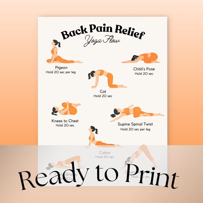 May include: A white print titled "Back Pain Relief Yoga Flow" with illustrations of yoga poses. The poses include Pigeon, Child's Pose, Cat, Knees to Chest, Supine Spinal Twist, Cobra, Bridge, and Downward Dog. The words "Ready to Print" are at the bottom.