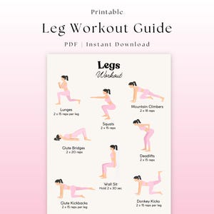 Könnte beinhalten: Druckbare Bein-Workout-Anleitung mit Illustrationen verschiedener Beinübungen, darunter Ausfallschritte, Kniebeugen und Kreuzheben. Der Leitfaden ist mit "PDF | Sofort-Download" gekennzeichnet und enthält den Text "Legs Workout".