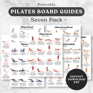 Puede incluir: Un paquete de siete guías de ejercicios imprimibles para tabla de Pilates con figuras ilustradas en ropa deportiva rosa y negra realizando varios movimientos. Cada hoja incluye texto instructivo para ejercicios específicos, con títulos como Pilates Board, Pilates Board Band y Pilates Board Dumbbell, todo sobre un fondo blanco.