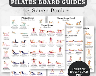 May include: A seven-pack of printable Pilates board exercise guides featuring illustrated figures in pink and black athletic wear performing various movements. Each chart includes instructional text for specific exercises, labeled with titles like Pilates Board, Pilates Board Band, and Pilates Board Dumbbell, all presented on a white background.