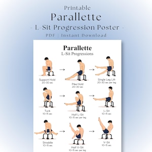 May include: A printable poster titled "Parallette L-Sit Progression" featuring nine illustrations of a person performing various calisthenics exercises on black parallette bars, including support holds, pike holds, and L-sit variations with text.