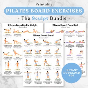 Puede incluir: Un conjunto imprimible de ejercicios para tabla de Pilates, el Sculpt Bundle, que incluye tres láminas de instrucciones. Cada lámina muestra figuras ilustradas realizando diversos movimientos de fitness con pesas de tobillo, bandas y mancuernas.