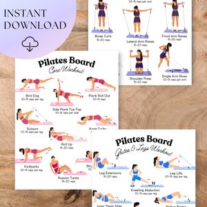 May include: Three digital workout charts titled Pilates Board Core Workout and Glutes & Legs Workout. The charts feature illustrations of a person in pink or blue athletic wear performing various exercises with a board and resistance bands.