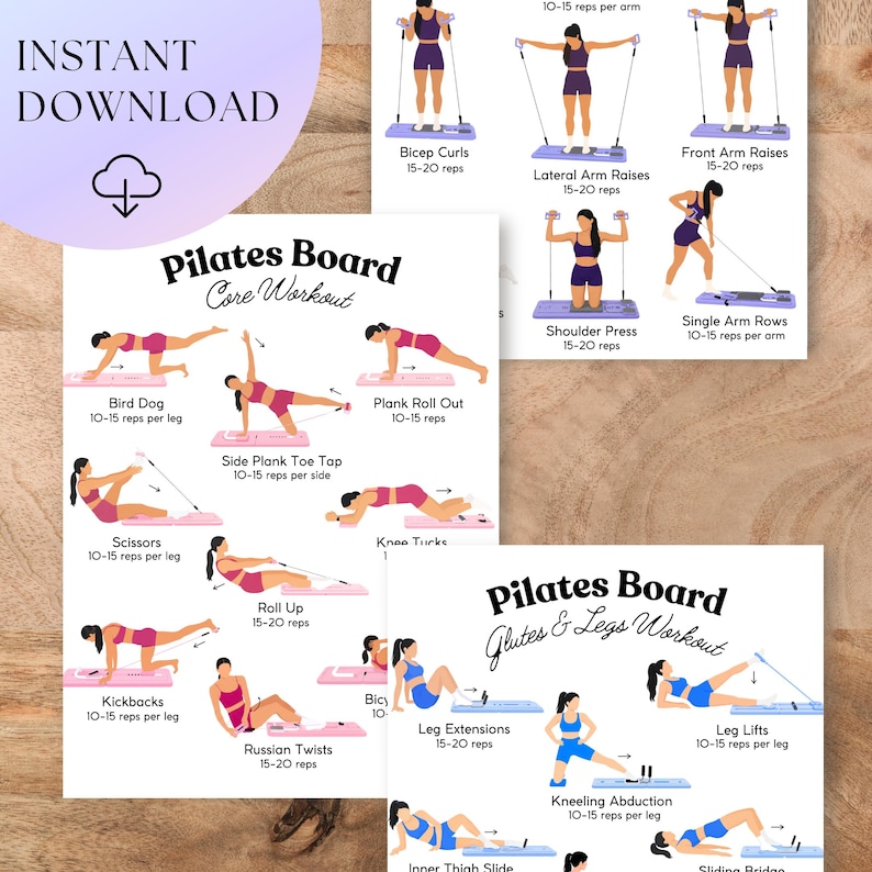 May include: Three digital workout charts titled Pilates Board Core Workout and Glutes & Legs Workout. The charts feature illustrations of a person in pink or blue athletic wear performing various exercises with a board and resistance bands.