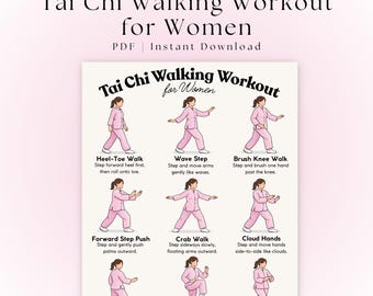 Tai Chi-wandeltraining dames | Poster Tai Chi-oefening | Tai chi wandelen | Tai Chi-oefeningen voor senioren | Afdrukbare oefeningen | Workout-pdf