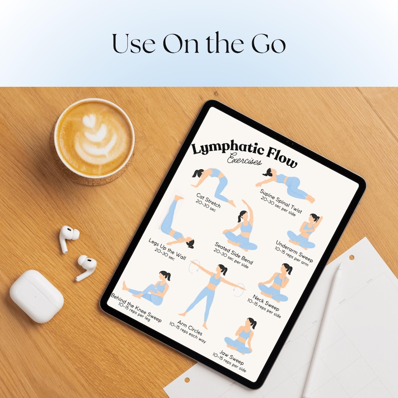 May include: A digital tablet displays "Lymphatic Flow Exercises" with illustrations of various stretches. A cup of coffee with latte art, wireless earbuds, and a charging case are on a wooden surface.