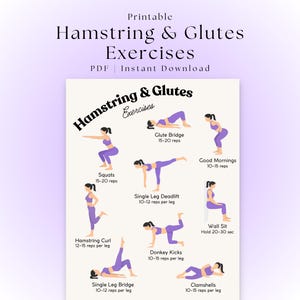 May include: A printable workout guide featuring illustrations of hamstring and glute exercises. The exercises include squats, glute bridges, single-leg deadlifts, hamstring curls, donkey kicks, and clamshells. The guide is in a purple and white color scheme.
