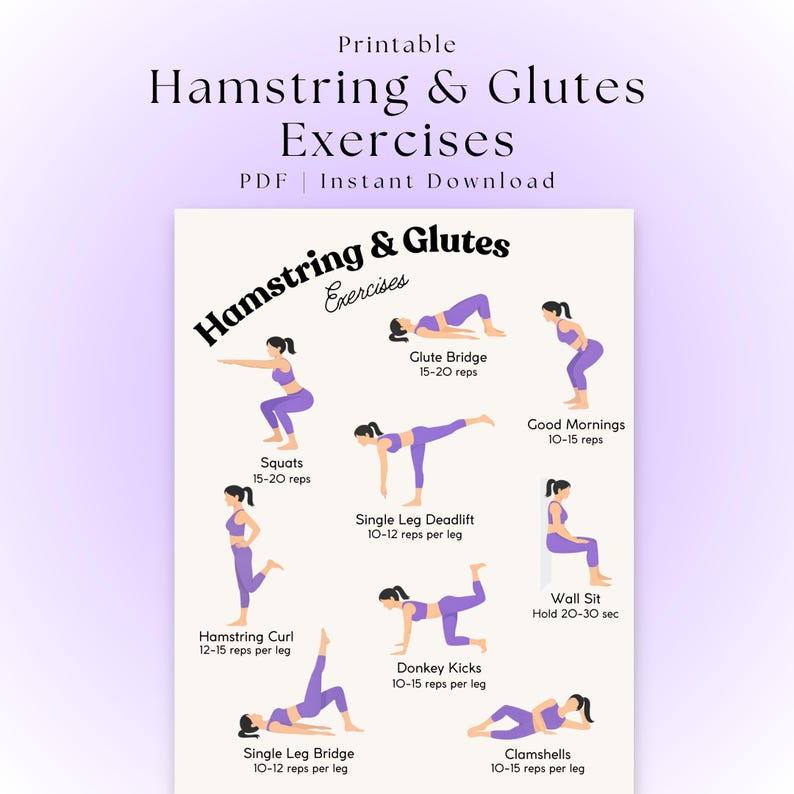 Hamstring & Glutes Workout Poster | Lower Body Exercises | Leg Exercise ...