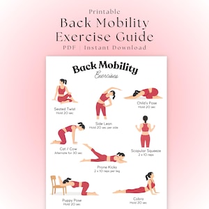 Könnte beinhalten: Druckbare Anleitung für Rückenmobilitätsübungen. Die Anleitung enthält Illustrationen verschiedener Übungen, darunter Seated Twist, Child's Pose und Cobra. Die Übungen werden von Figuren in roten Outfits mit Anweisungen für jede Pose demonstriert.