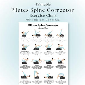 Puede incluir: Una tabla de ejercicios imprimible para Pilates Spine Corrector con dieciséis ilustraciones de una persona realizando varios movimientos sobre un corrector de columna negro. El texto incluye títulos, instrucciones y repeticiones.