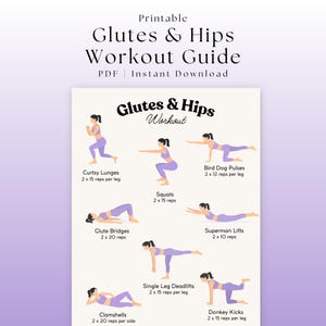 Pode incluir: Guia de treino imprimível para glúteos e ancas. O guia apresenta ilustrações de vários exercícios, incluindo lunges, agachamentos e pontapés de burro. O texto inclui nomes de exercícios e séries/repetições. Disponível em PDF.