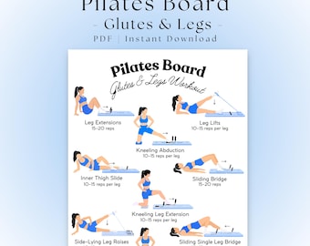May include: A printable Pilates Board Glutes & Legs workout guide featuring eight illustrations of a person in blue athletic wear performing exercises on a light blue board. Text includes exercise names like Leg Extensions and Sliding Bridge.