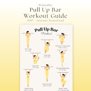 Puede incluir: Guía imprimible de ejercicios con barra de dominadas. La guía presenta ilustraciones de varios ejercicios, incluyendo dominadas, tuck-ups, elevaciones de piernas y giros de rodillas. El texto incluye nombres de ejercicios, series y repeticiones.