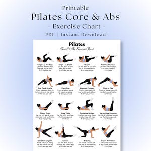 Puede incluir: Una tabla de ejercicios de Pilates Core & Abs imprimible en PDF que presenta dieciséis poses ilustradas con etiquetas de texto descriptivas y conteos de repeticiones. La tabla blanca muestra figuras con ropa deportiva azul y negra.