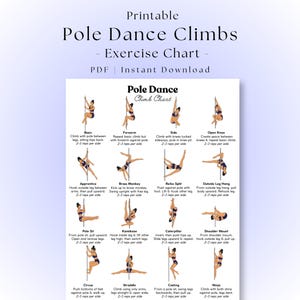 Peut inclure: Un tableau d'exercices imprimable pour les montées de pole dance présentant seize figures illustrées démontrant diverses techniques. Chaque illustration comprend un titre et un texte explicatif pour des mouvements comme Basic, Forearm, Side, Open Knee, Apprentice, Brass Monkey, Reiko Split, Outside Leg Hang, Pole Sit, Kamikaze, Caterpillar, Shoulder Mount, Circus, Straddle, Casting et Ninja.