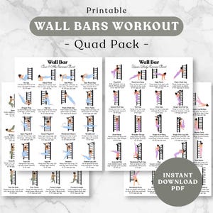 May include: A printable wall bars workout quad pack featuring two exercise charts with black and white illustrations of various fitness movements. The charts include text labels for core, abs, and upper body exercises with instructions for each.
