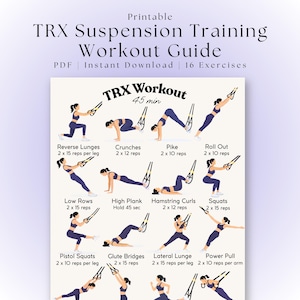 Puede incluir: Guía de entrenamiento de suspensión TRX imprimible. La guía incluye 16 ejercicios con ilustraciones, como zancadas inversas, abdominales y picas. El entrenamiento está diseñado para completarse en 45 minutos. Descarga instantánea en PDF.