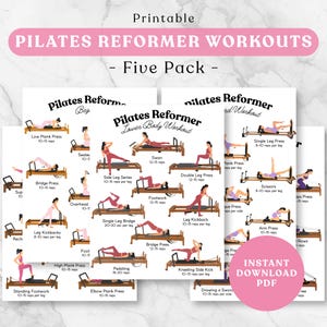 Op de afbeelding: Een set van vijf printbare Pilates reformer trainingsgidsen met illustraties van diverse oefeningen op een reformer-apparaat. Elke pagina bevat tekstlabels voor bewegingen zoals bridge press, leg kickbacks en side leg series met het aantal herhalingen.