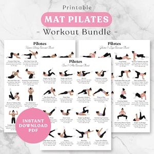 Puede incluir: Un paquete de ejercicios de Pilates en colchoneta para imprimir que incluye tres gráficos blancos con texto negro e ilustraciones de personas realizando varios ejercicios. Los gráficos se titulan Pilates Upper Body, Core & Abs y Glutes & Legs.