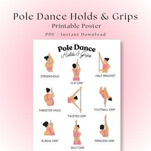 Prises et poignées de pole dance poster | Art mural imprimable pour studio de pole dance | Graphique de la forme physique à la perche | Tableau des poignées pour bâtons de fitness | PDF de pole dance
