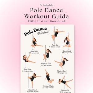 May include: A printable pole dance workout guide with illustrations of various pole dance moves, including Stag Spin, Pole Sit, and Back Hook. The guide is labeled "PDF | Instant Download" and features a pink and white colour scheme.