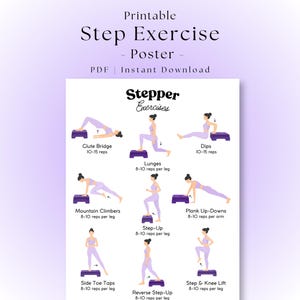 May include: A printable exercise poster titled Stepper Exercises featuring illustrations of a person in lavender athletic wear performing nine different movements using a purple step platform, including glute bridges, lunges, dips, and mountain climbers.