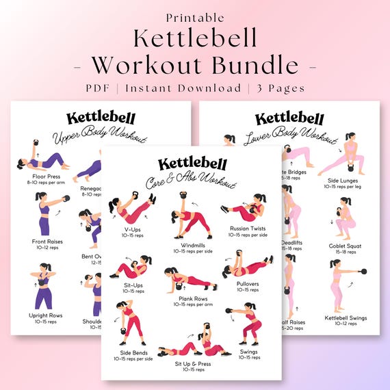 Kettlebell Workout Bundle Printable | Strength Exercise Chart PDF | Womens Kettlebell Workout Routines | Full Body Kettlebell | Home Workout
