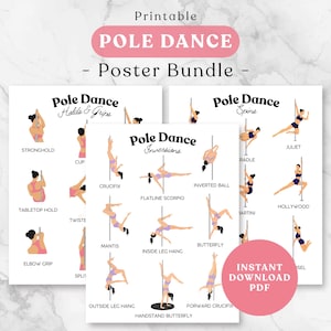 Peut inclure: Un ensemble d'affiches imprimables sur la pole dance avec trois feuilles blanches illustrant diverses poses. Le texte inclut "Printable POLE DANCE - Poster Bundle", "Holds & Grips", "Inversions", "Spins" et "INSTANT DOWNLOAD PDF".