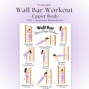 Könnte beinhalten: Druckbare Wandbarren-Workout-Tabelle für Oberkörperübungen. Die Tabelle enthält Illustrationen von Übungen wie Dead Hang, Klimmzügen und Schräg-Liegestützen. Der Text "Wall Bar Upper Body Workout" wird oben angezeigt.