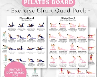 May include: A printable Pilates board exercise chart quad pack featuring two white sheets with black text and illustrations of figures performing various exercises. The text includes titles like Pilates Board, Core Exercise Chart, and Glutes & Legs Exercise Chart, with a pink circular badge stating Instant Download PDF.