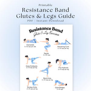 May include: Printable Resistance Band Glutes & Legs Guide. The guide features illustrations of various exercises, including clamshells, squats, hamstring curls, glute kickbacks, fire hydrants, and glute bridges. The text includes exercise names and rep counts. PDF instant download.