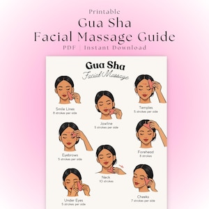 Puede incluir: Una guía imprimible de masaje facial Gua Sha con ilustraciones que demuestran técnicas para las líneas de expresión, la mandíbula, las sienes, las cejas, la frente, el cuello, debajo de los ojos y las mejillas. La guía está disponible en PDF.