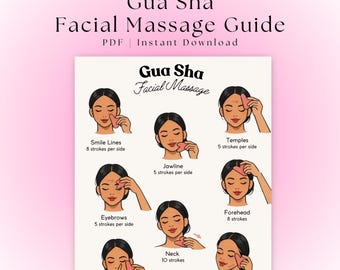 Diagrama facial imprimible de Gua Sha / Guía de masaje facial con Gua Sha / Rutina de cuidado facial antiarrugas / Diagrama de contorno facial / Arte mural con Gua Sha