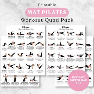 Pode incluir: Um pacote de quatro exercícios de Pilates no tapete imprimível, incluindo dois quadros de exercícios com ilustrações de vários movimentos. O texto inclui 'Printable MAT PILATES - Workout Quad Pack -', 'Core & Abs Exercise Chart', 'Full Body Exercise Chart' e 'INSTANT DOWNLOAD PDF'.