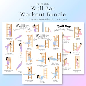 Puede incluir: Paquete imprimible de ejercicios de barra de pared con tres páginas. Cada página muestra ilustraciones de varios ejercicios, incluyendo Dead Hang, Plank Up, Leg Lifts y Squats. El paquete está diseñado para entrenamientos de la parte superior del cuerpo, core y glúteos y piernas.