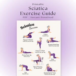 Ischiasschmerzen Relief Übungen Printable | Training für den unteren Rücken | Rückseite Übungsblatt | Zahnseide-Routine | Haus Übung | Workout-PDF